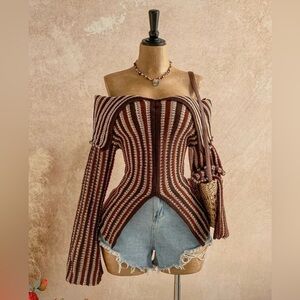 Striped Brown Off-Shoulder Sweater New Boutique